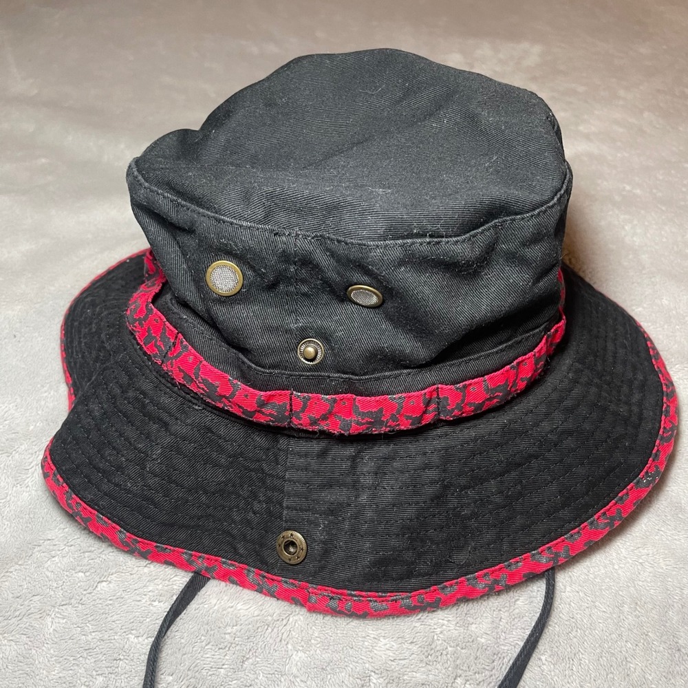 Bucket Hat Mens Size M/L Black Red Elephant Print Boonie Cotton Safari Camo Trim